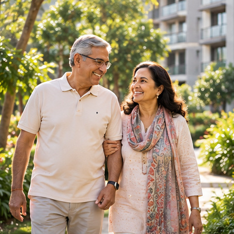 Mature Indian couple walking together through landscaped surroundings.