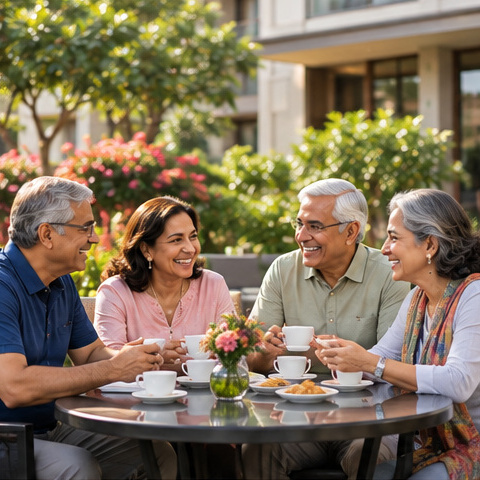 Mature friends sharing conversation in an elegant social setting.