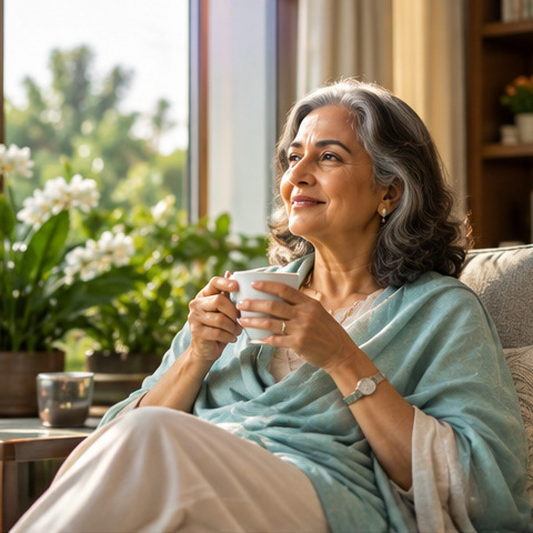 Mature Indian woman enjoying a quiet leisure moment indoors.