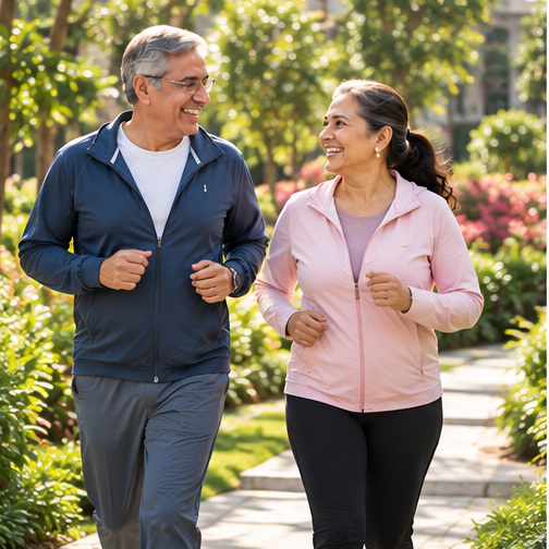 Mature couple enjoying light outdoor movement.