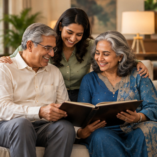 Older parents sharing a warm moment with their adult daughter.