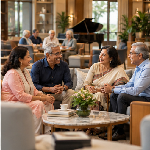 Mature friends gathering in a contemporary lounge.